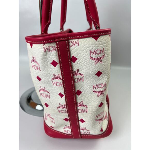 MCM Handbag White/ Red Leather Boston Bag Small Tote Purse - Picture 6 of 16